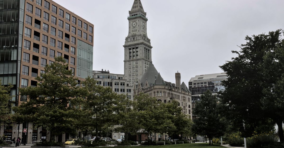 Boston's iconic Custom House Tower framed by greenery in a cityscape.